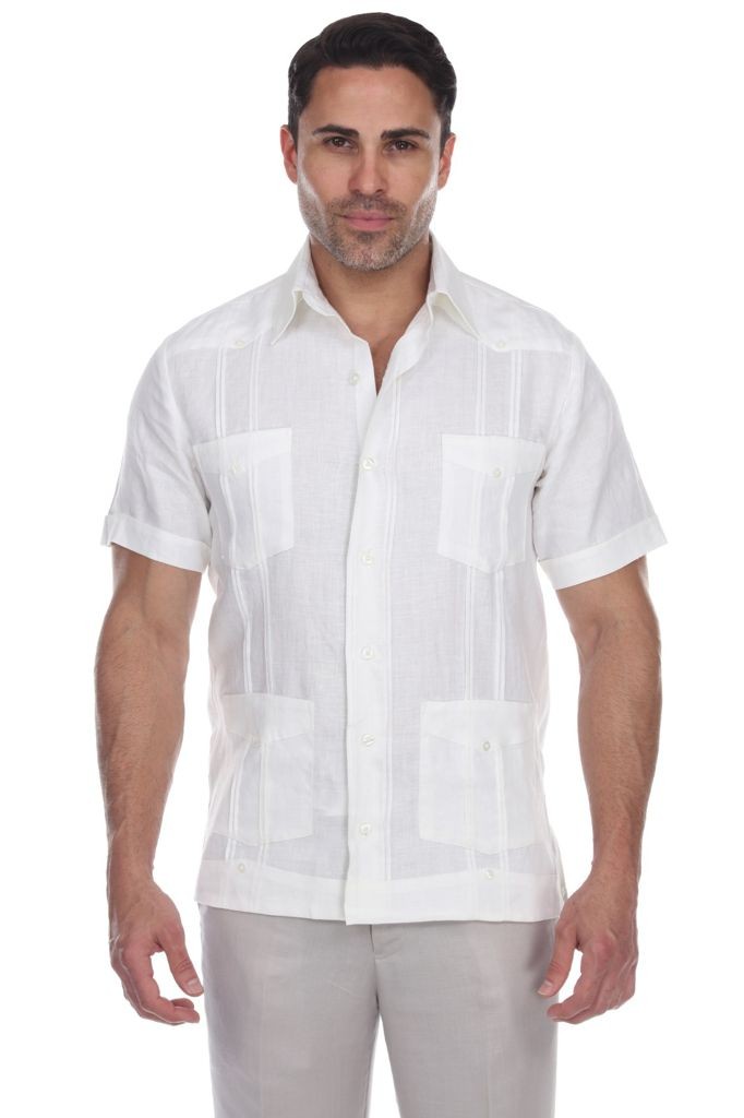 Traditional Cuban Cut Guayabera  100% White Linen